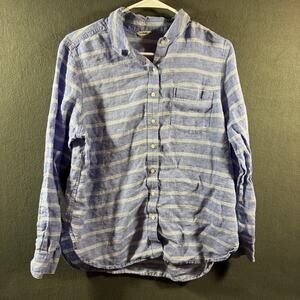 L L bean women linen top large blue stripe button boho coastal beachy vacation